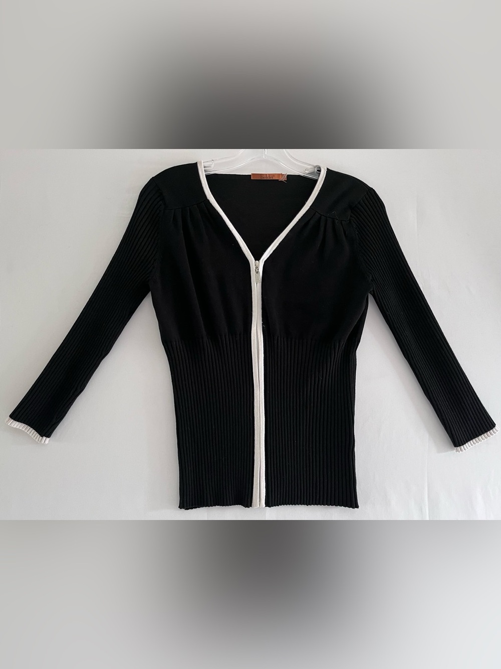 Beldini Rhinestone Zip Ribbed Cardigan Knit Top • Y2K Whimsigoth Coquette